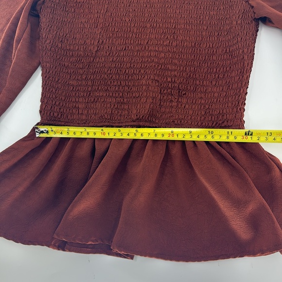 MINE Women’s Rust Smocked Peplum Long Sleeve Top Size S EUC - Picture 11 of 16